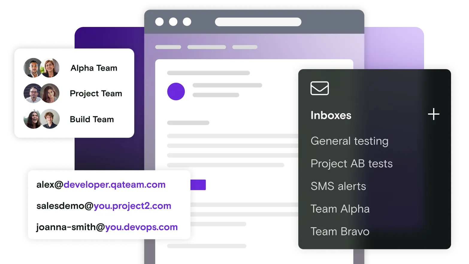 Email illustration with inbox dialog window and team members and test email addresses on gradient background