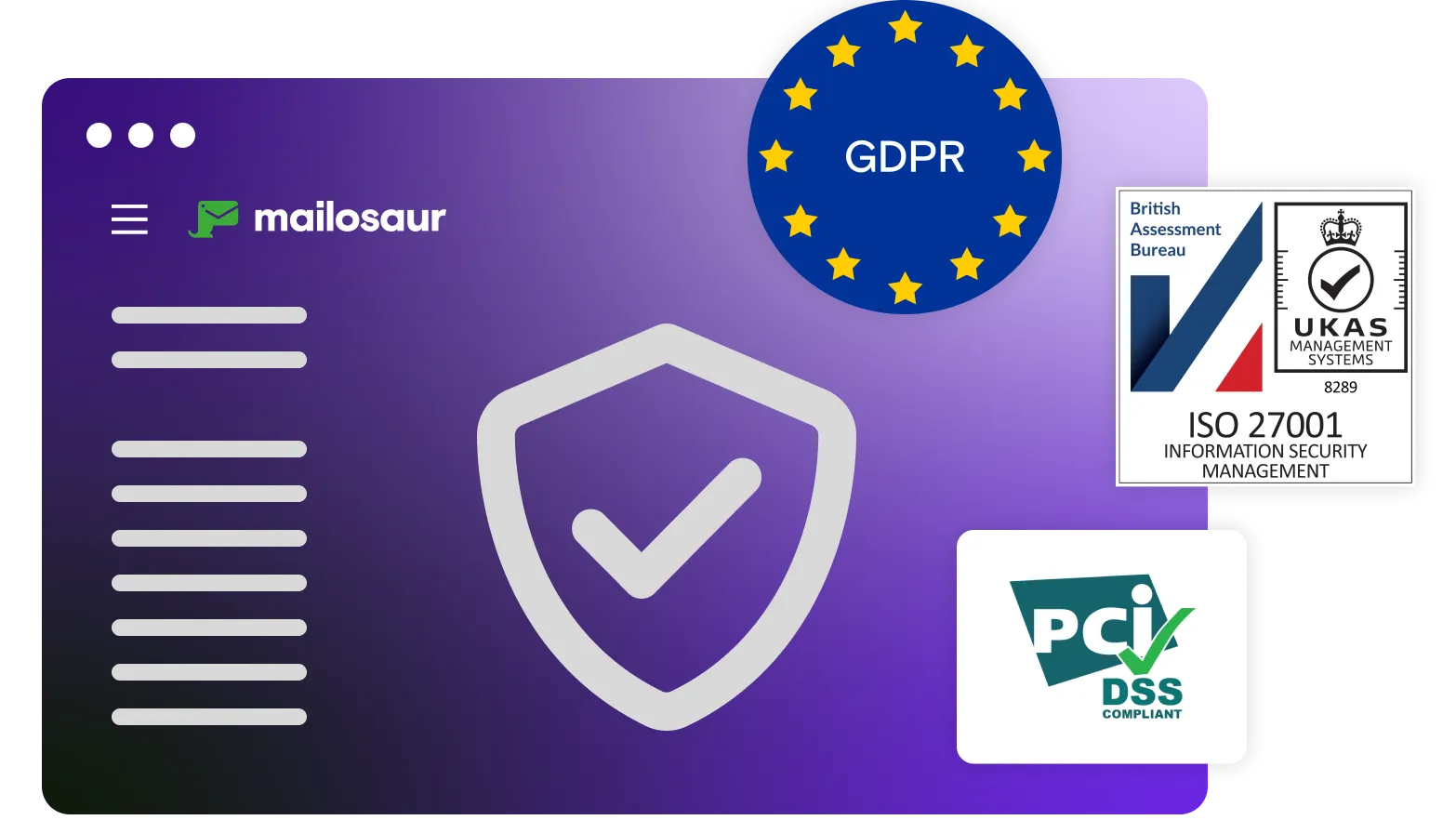 Mailosaur dashboard illustration with security logos