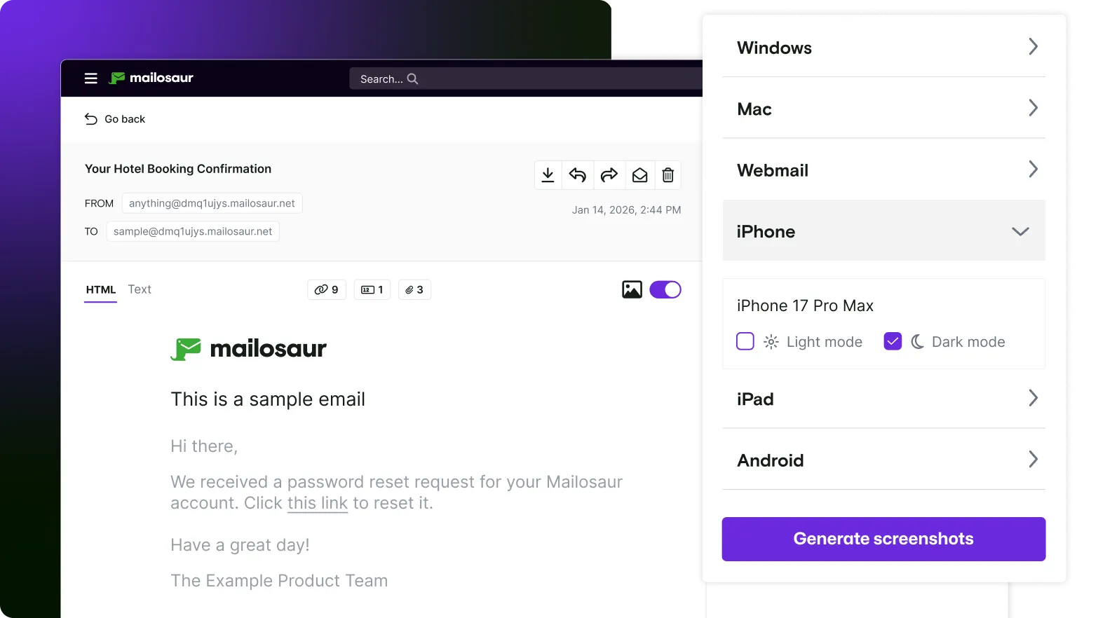 An email is shown with the options to generate a Mailosaur preview shown, e.g. picking a device and email client, as well as light and dark modes