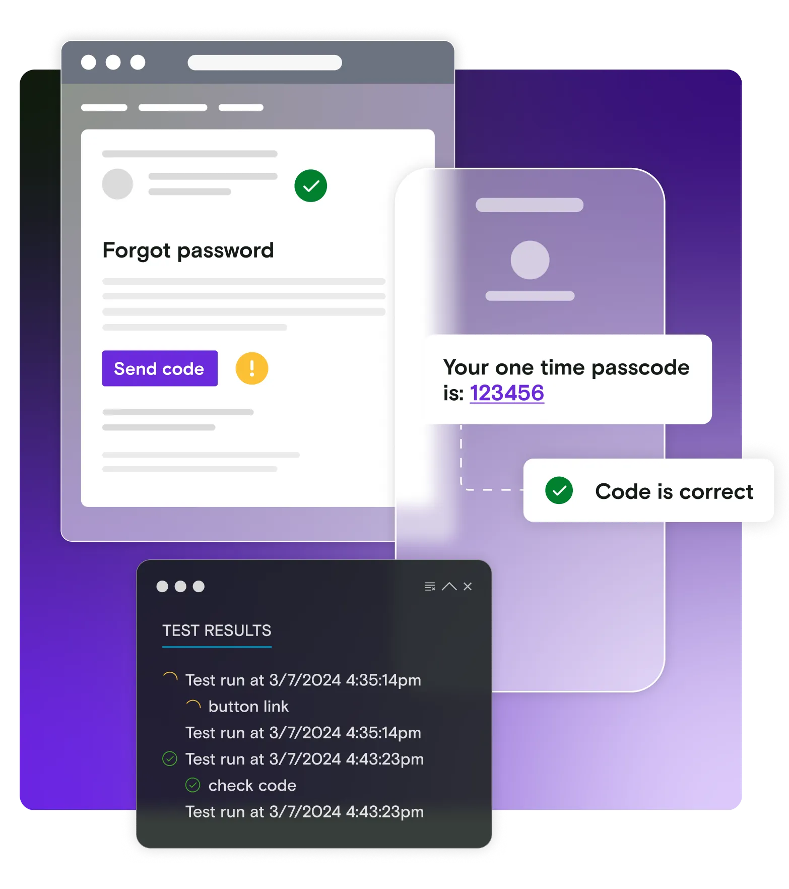Email and mobile illustration with test results window on gradient background