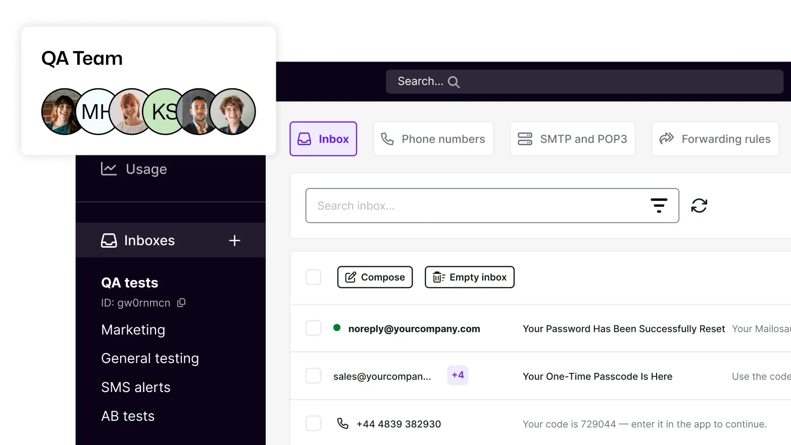 Mailosaur's UI showing multiple inboxes, aswell as access to for the full QA team