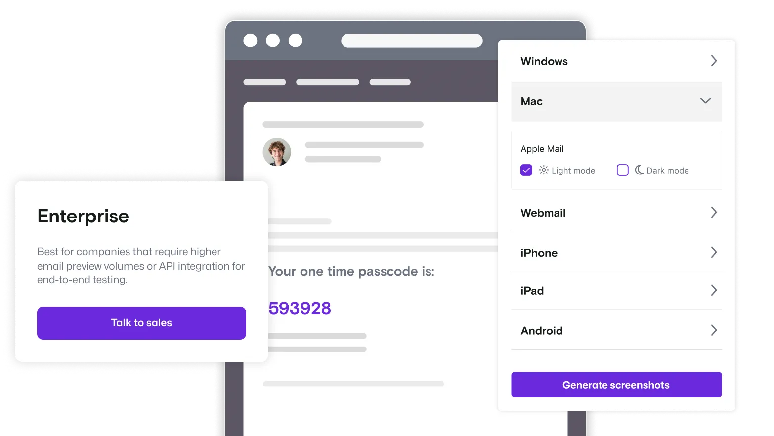 Previews as part of an automation, with an OTP message having light mode options selected to generate a preview.