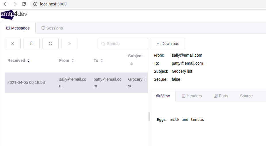 Our emails shows up in the smtp4dev web interface.